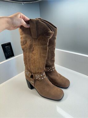 Fashion Nova Brown Studded Cowboy Boots Women Size 9 Mid Calf Western Block Heel